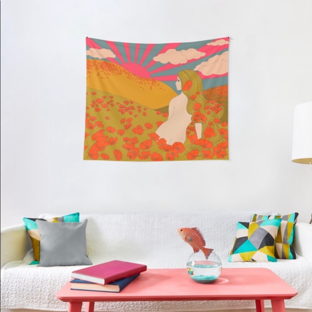 Redbubble Vibrant Landscape Tapestry - Orange, Green, Pink